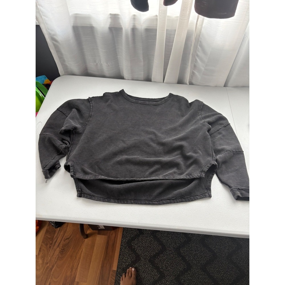 We The Free Free People Snowy Thermal Pullover Washed Black Ribbed XS Oversized